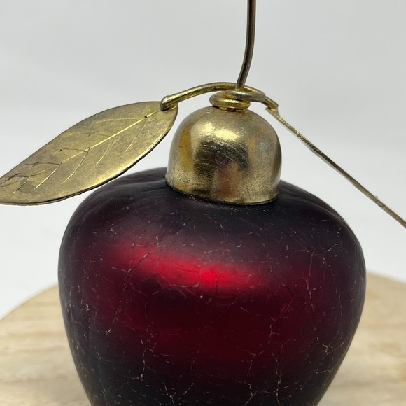 Vintage Glass Apple Christmas Ornament Red with Brass Leaves Mid Century Style - Picture 5 of 6